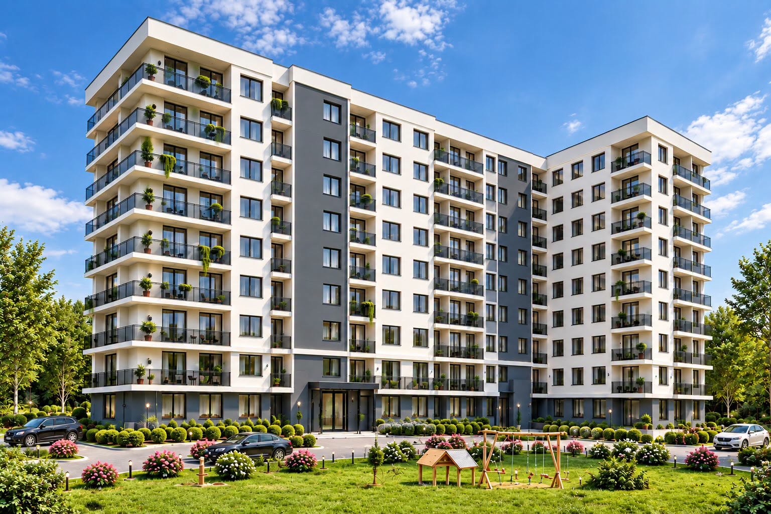 Arhitektonska vizualizacija UNA City Living — zgrada s balkonima i zelenim dvorištem