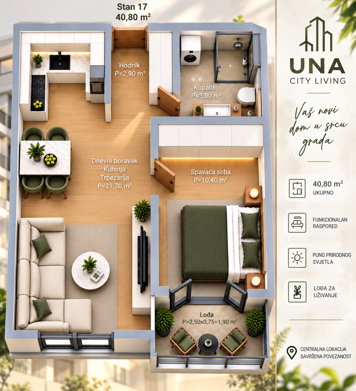 Objavljeni promotivni raspored stana 17: 40,80 m², jedna spavaća soba i lođa