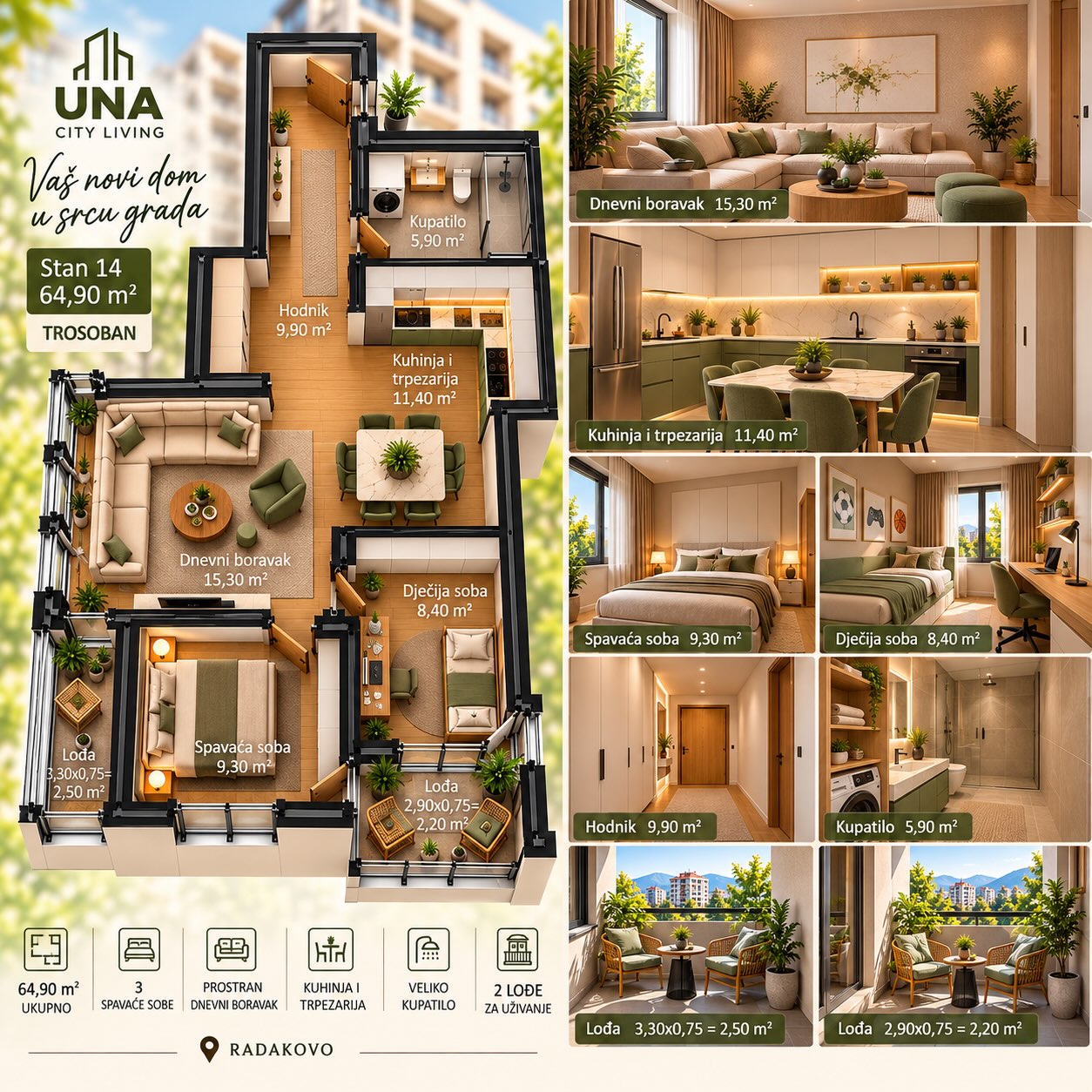 Objavljeni promotivni raspored trosobnog stana 14: 64,90 m² i dvije lođe